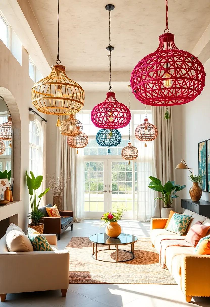 Sunlit Rooms Boasting Oversized Bohemian Chandeliers with Mixed Materials and Hanging Glass Orbs for Artistic Flair