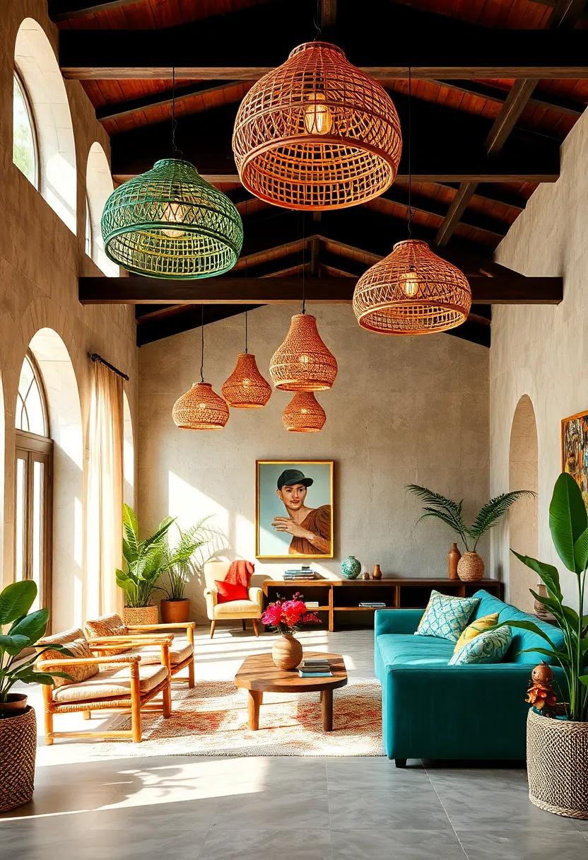 Tropical Themed Interiors Enhanced with Bright Rattan Chandeliers Highlighting Natural Color and Organic Shadows
