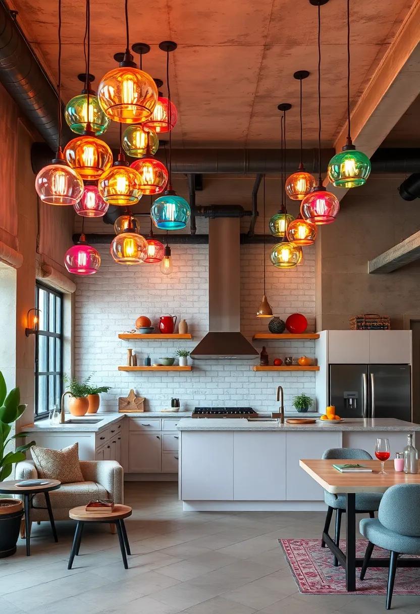 Urban Eclectic Kitchens Illuminated by Clustered Pendant Chandeliers with Flashy Colors and Industrial Pipes