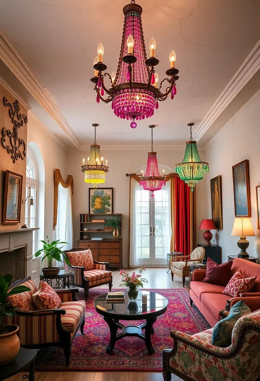 Vintage Parlor Rooms Flourishing with Victorian Era Chandeliers Enhanced by Richly Colored Crystals and Ornate Detailing