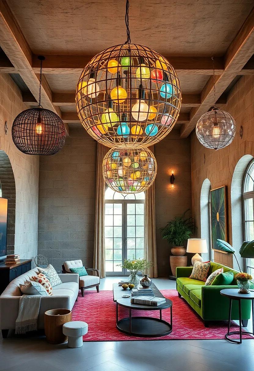 Vintage Modern Fusion Spaces with Oversized Spherical Chandeliers Dotted with Multicolored Light Bulbs and Reflectors