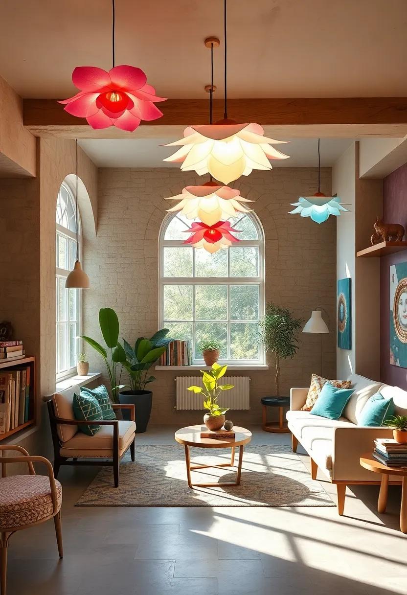 Whimsical Reading Nooks Bathed in Gentle Glow from Floral Inspired Multicolored Chandeliers with Delicate Petal Shapes