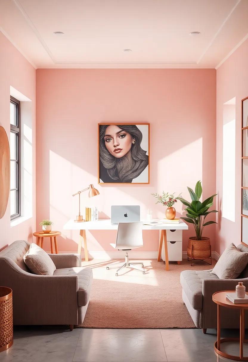 Chic Blush Pink Walls with Soft Rose Gold Metallic Accents Around a Minimalist Work Desk