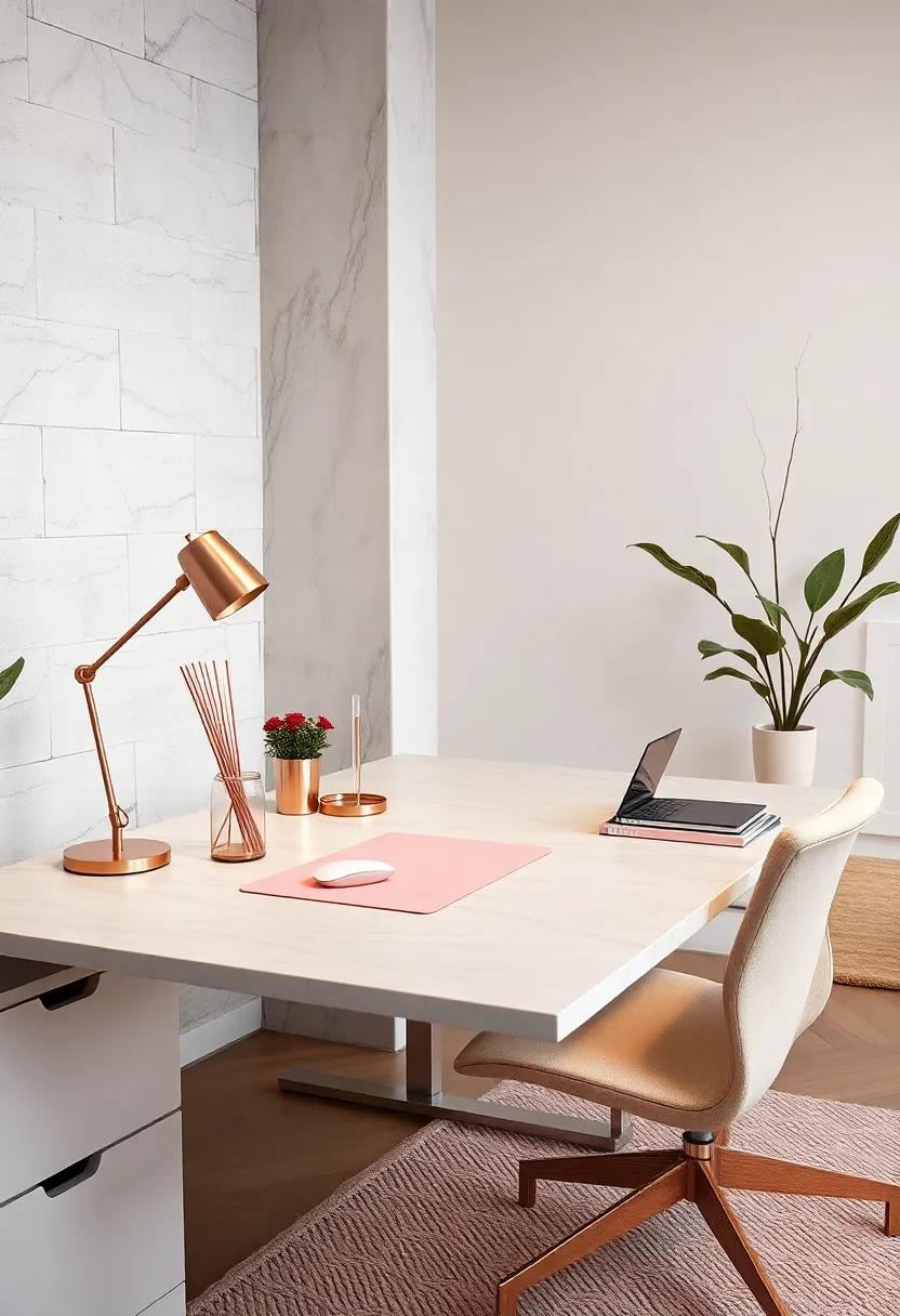 A Modern Laptop Stand in Rose Gold on a Blush Pink Wooden Desk with Minimal Distractions