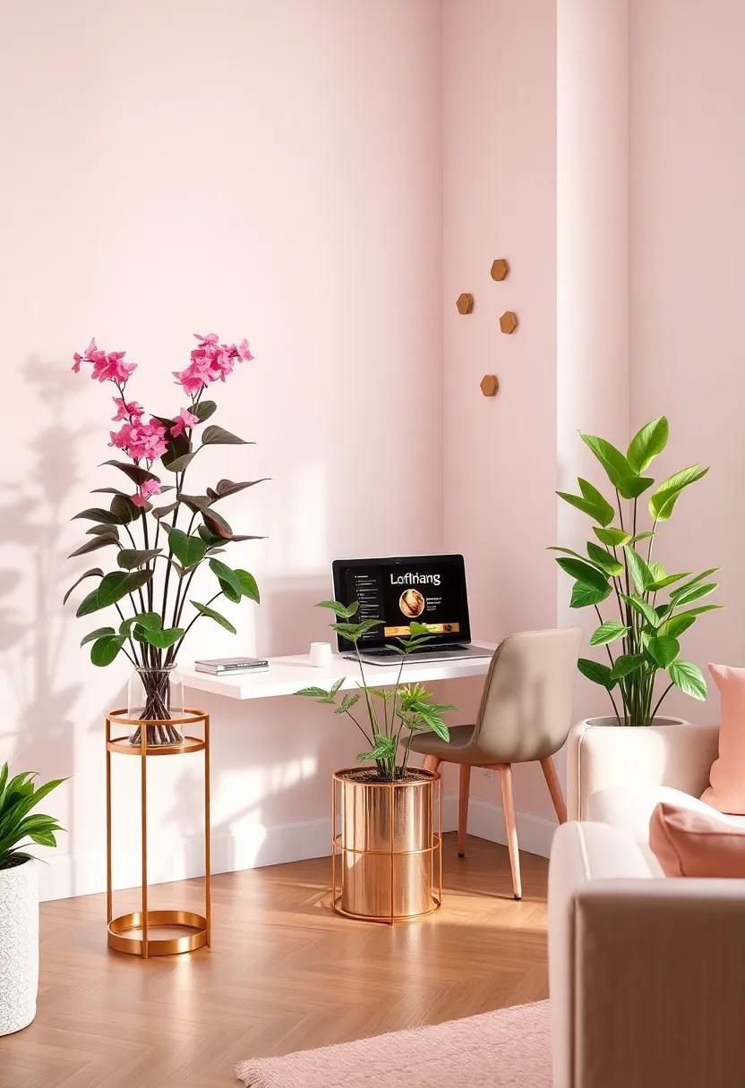 Blush Pink Indoor Plants in Rose Gold Planters Brightening a Clean and Chic Office Corner