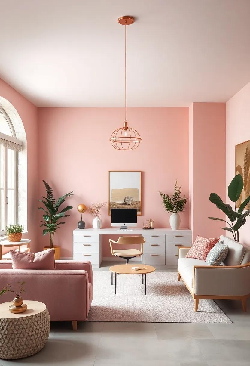 Rose Gold Pendant Lighting Hanging Above a Blush Pink Minimalist Workspace with Clean Lines