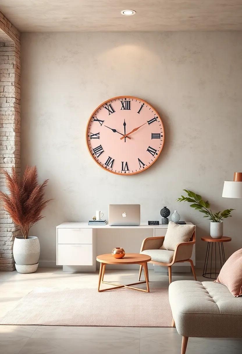 Blush Pink and Rose Gold Clock Mounted on a Neutral Wall to Enhance Elegant Timekeeping