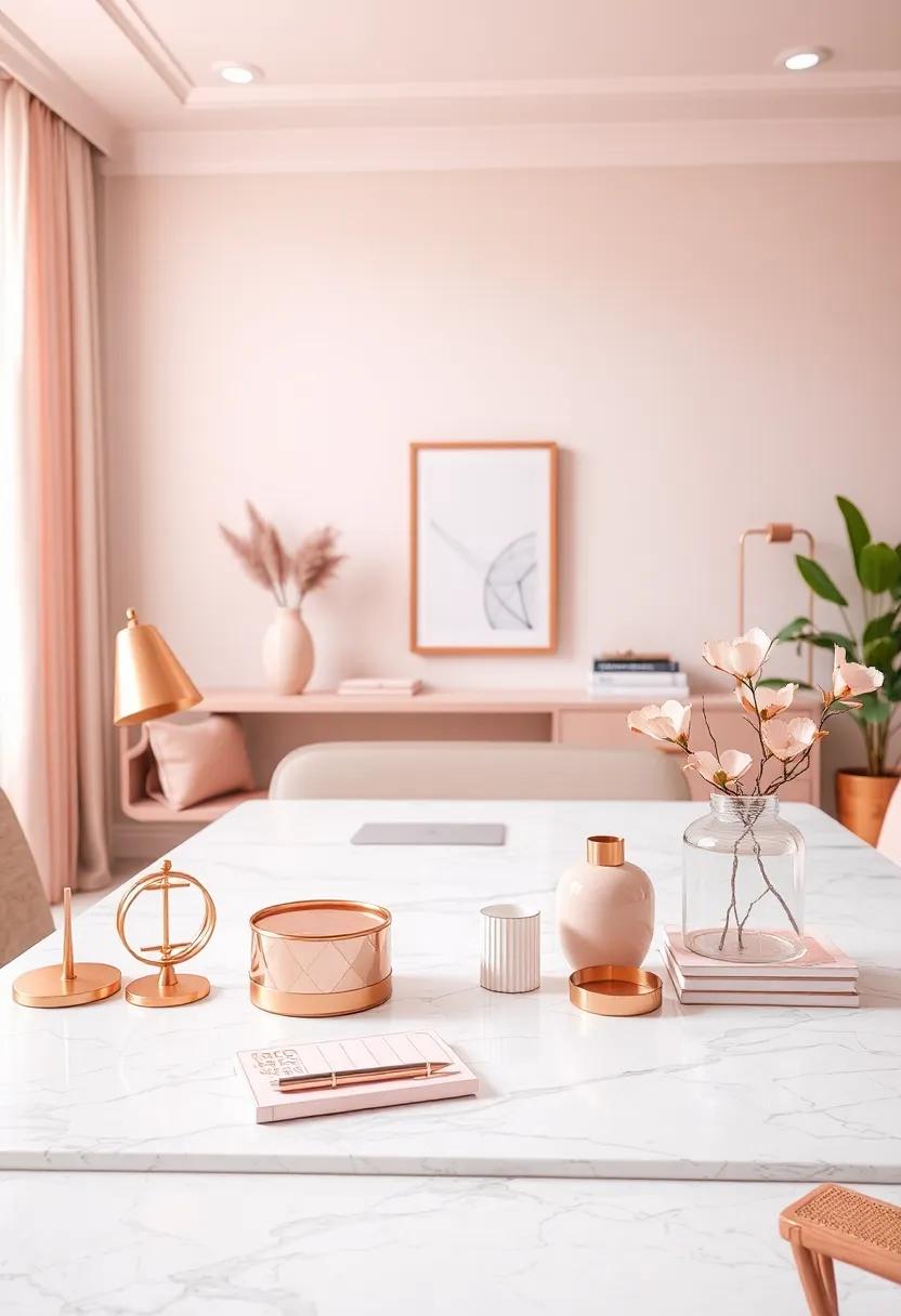 Organized Desk Accessories in Rose Gold and Blush Pink Tones on a Marble Surface