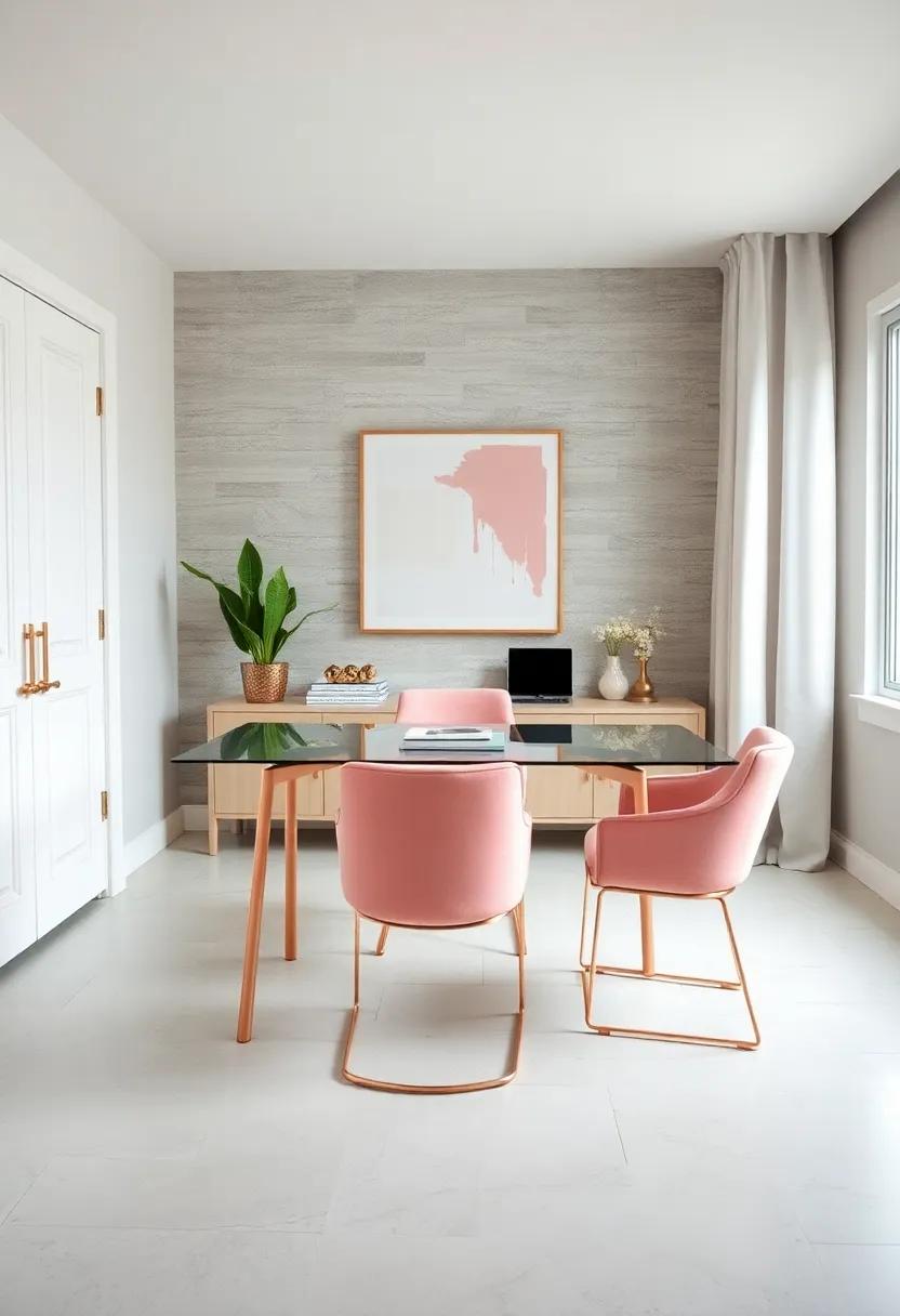 Soft Blush Pink Curtains Filtering Natural Light onto a Rose Gold Accent Desk