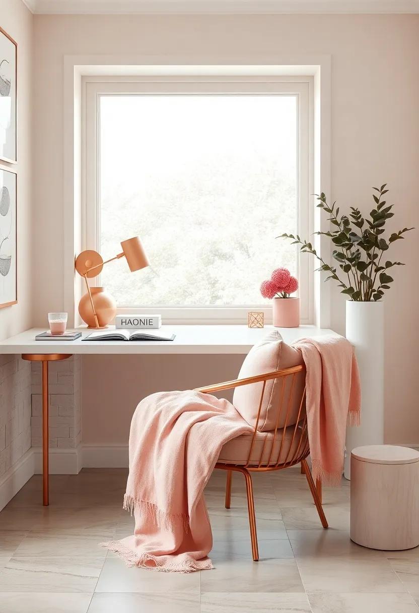 Soft Blush Pink Throw Blanket Draped Over a Rose Gold-Framed Armchair in a Reading Nook