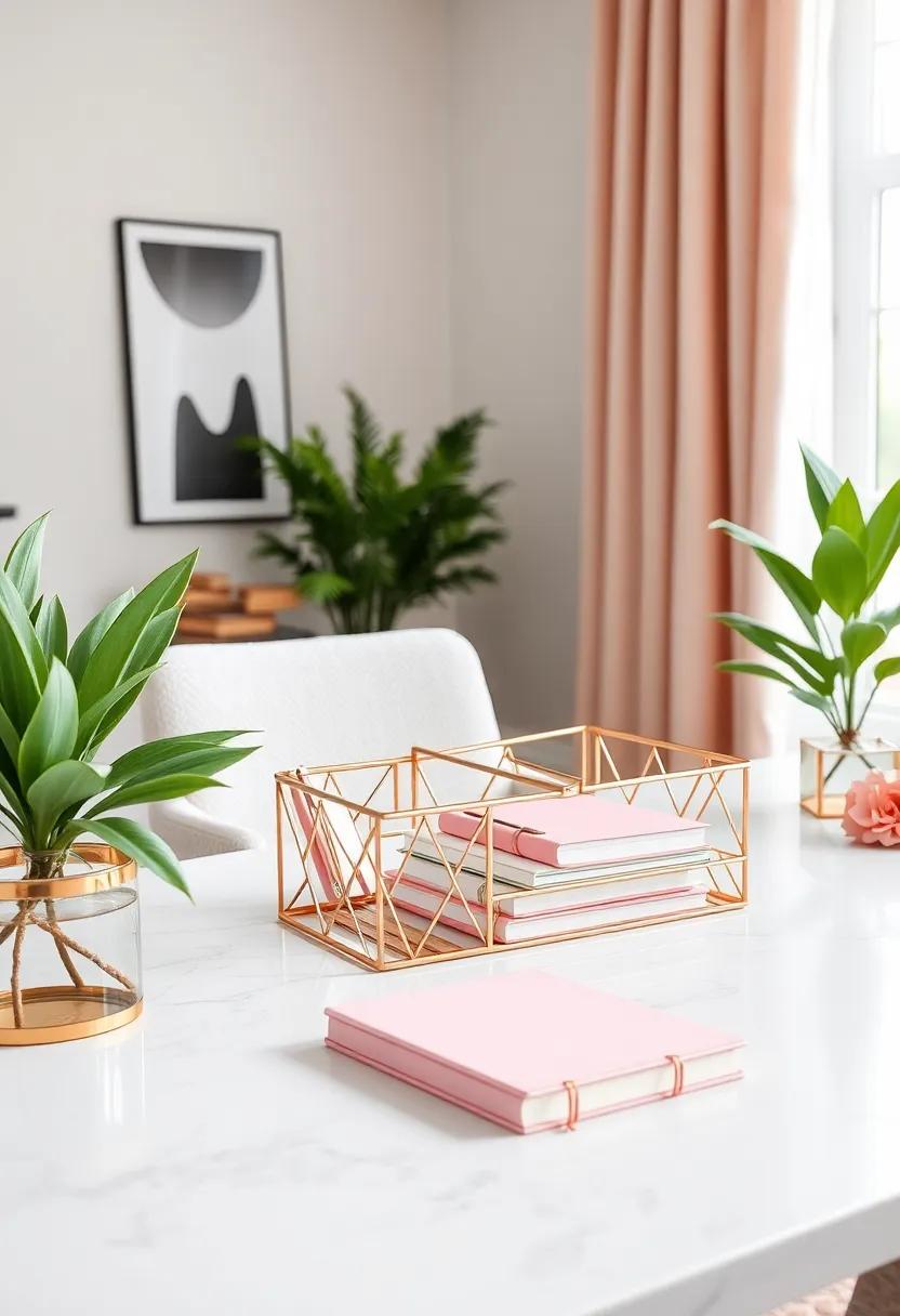 Rose Gold Geometric Desk Organizer Paired with Blush Pink Notebooks in a Bright Room