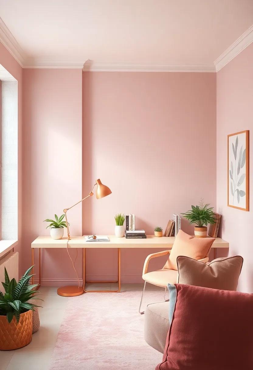 A Luxurious Rose Gold Desk Lamp Casting Warm Light Over a Blush Pink Workspace