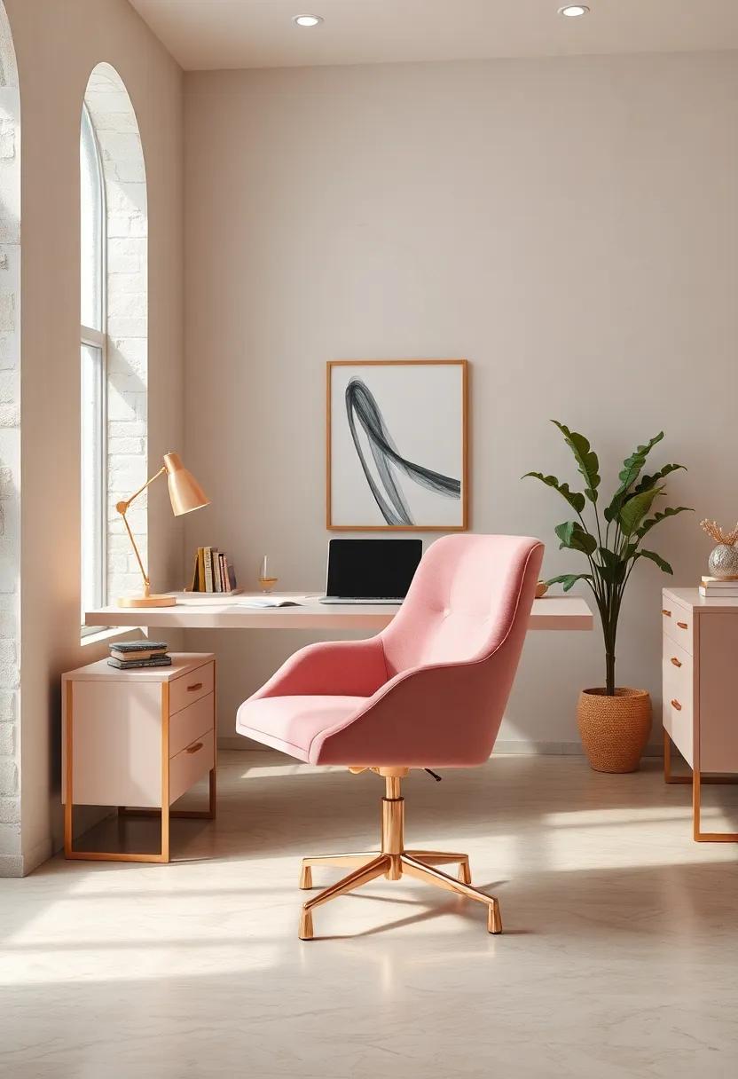 Sleek Rose Gold Office Chair Upholstered in Blush Pink Velvet for Stylish Comfort