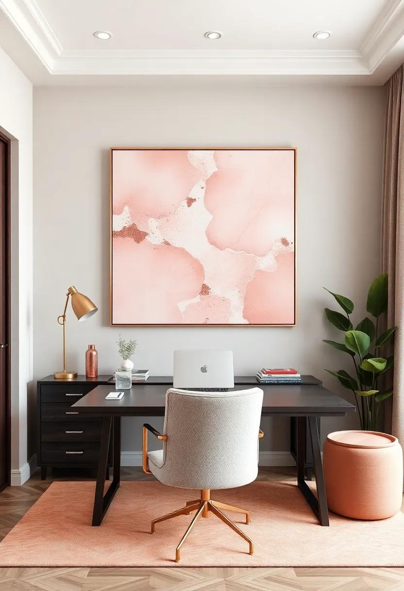Sophisticated Wall Art Featuring Blush Pink and Rose Gold Abstract Patterns Above the Desk