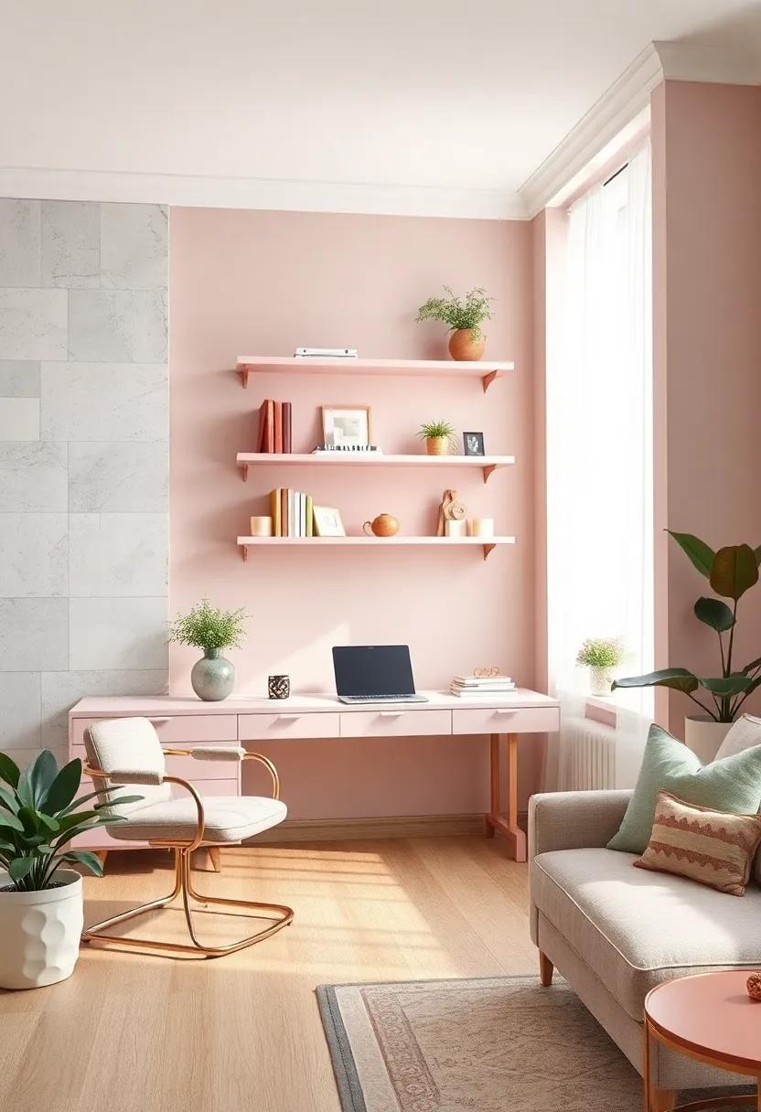 Floating Blush Pink Shelves with Rose Gold Brackets Displaying Elegant Stationery