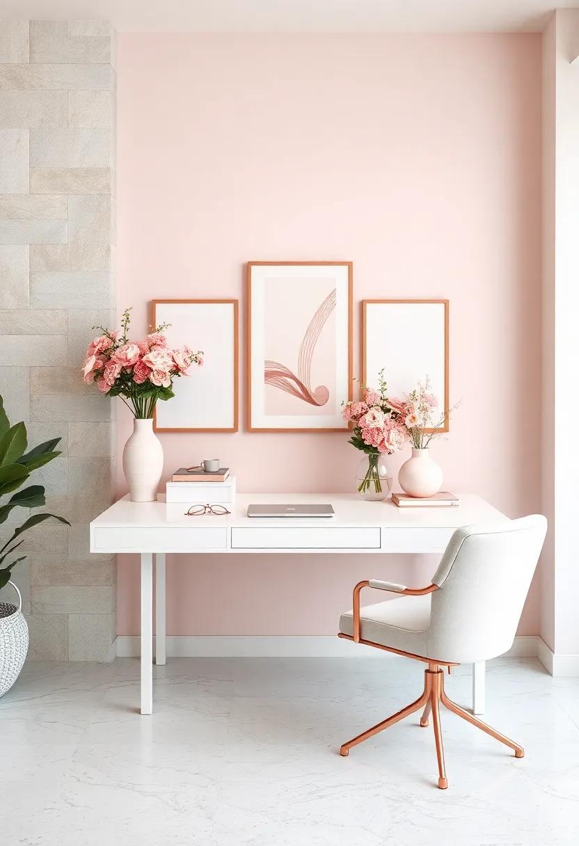 A Crisp White Desk Enhanced by Rose Gold Frames and Blush Pink Floral Arrangements