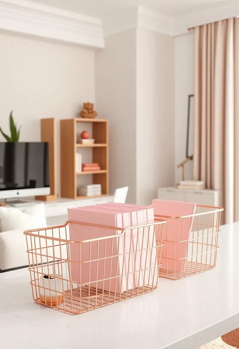 Delicate Rose Gold Wire Baskets Holding Blush Pink Files in a Contemporary Office Space