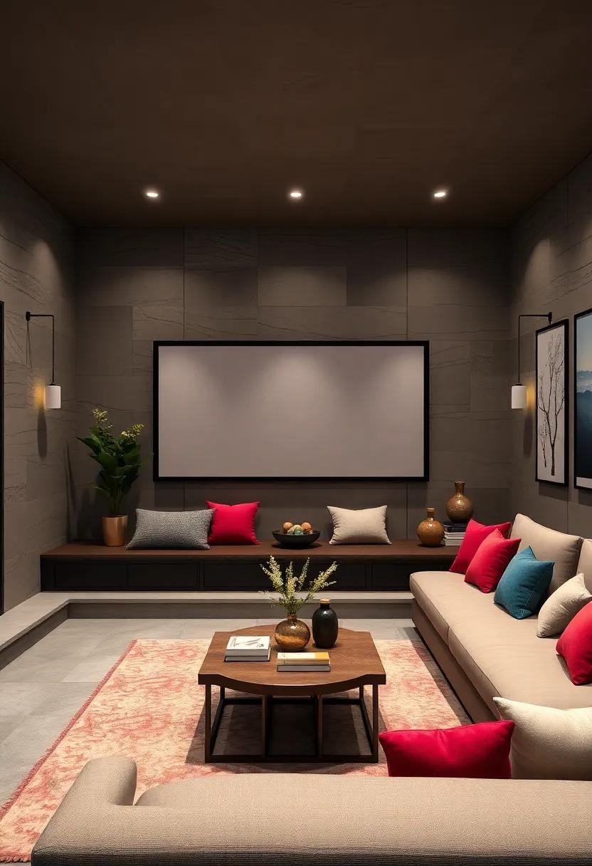 Combining Minimalist Lines with Plush Cushions to Achieve a Refined Home Theater Look