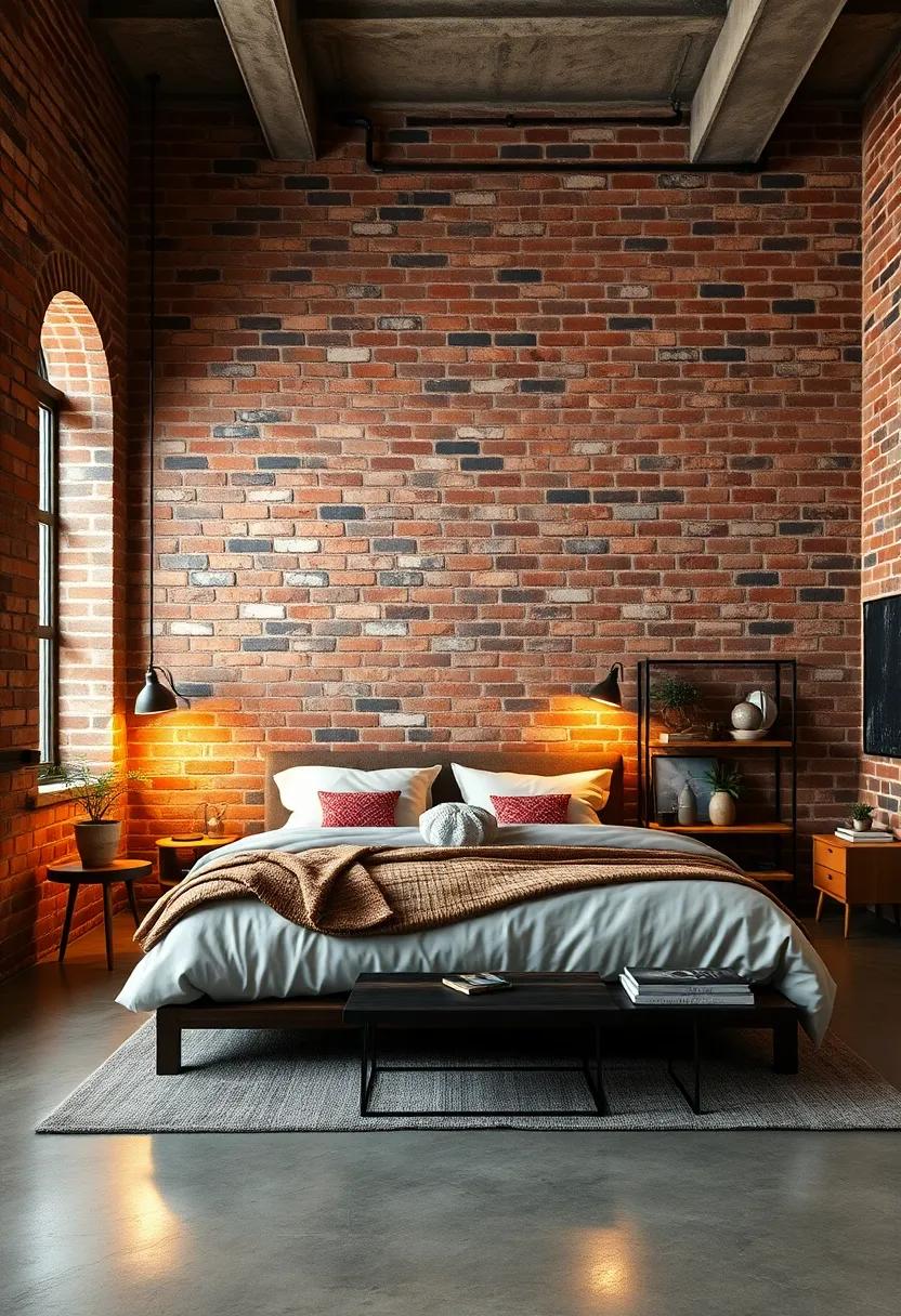 Exposed Brick Walls Casting a Warm Rustic Glow Over a Loft Bedroom Retreat