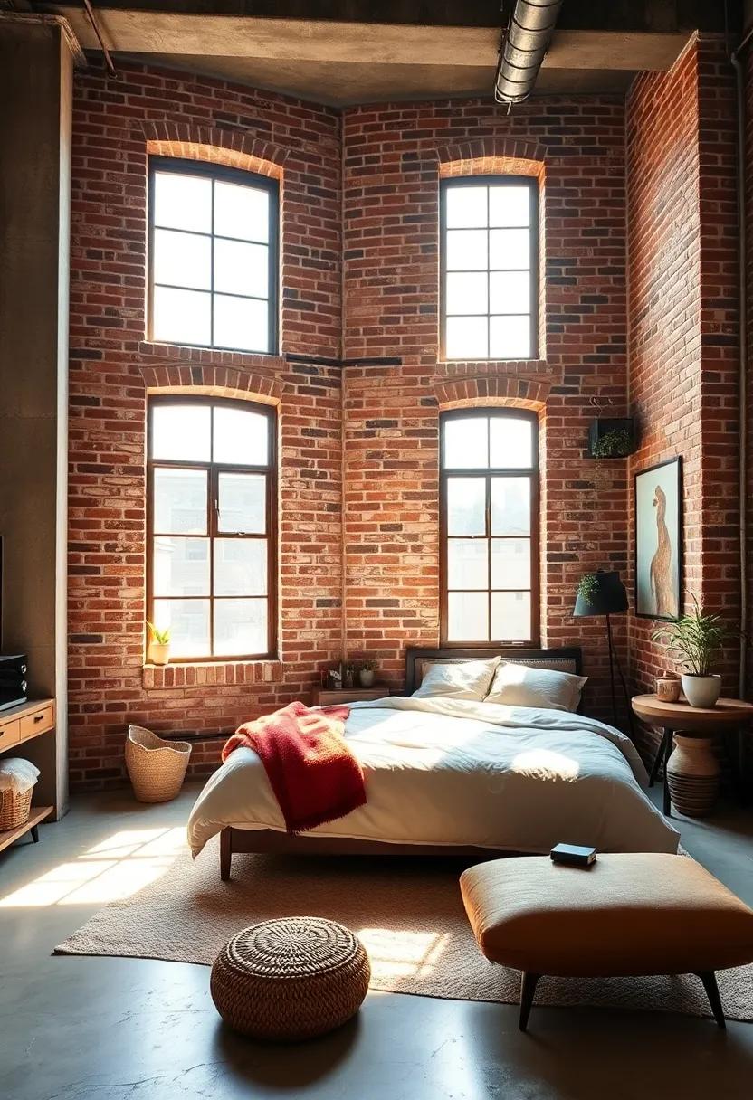 Sunlight Filtering Through Large Windows Onto Exposed Brick in a Charming Industrial Bedroom
