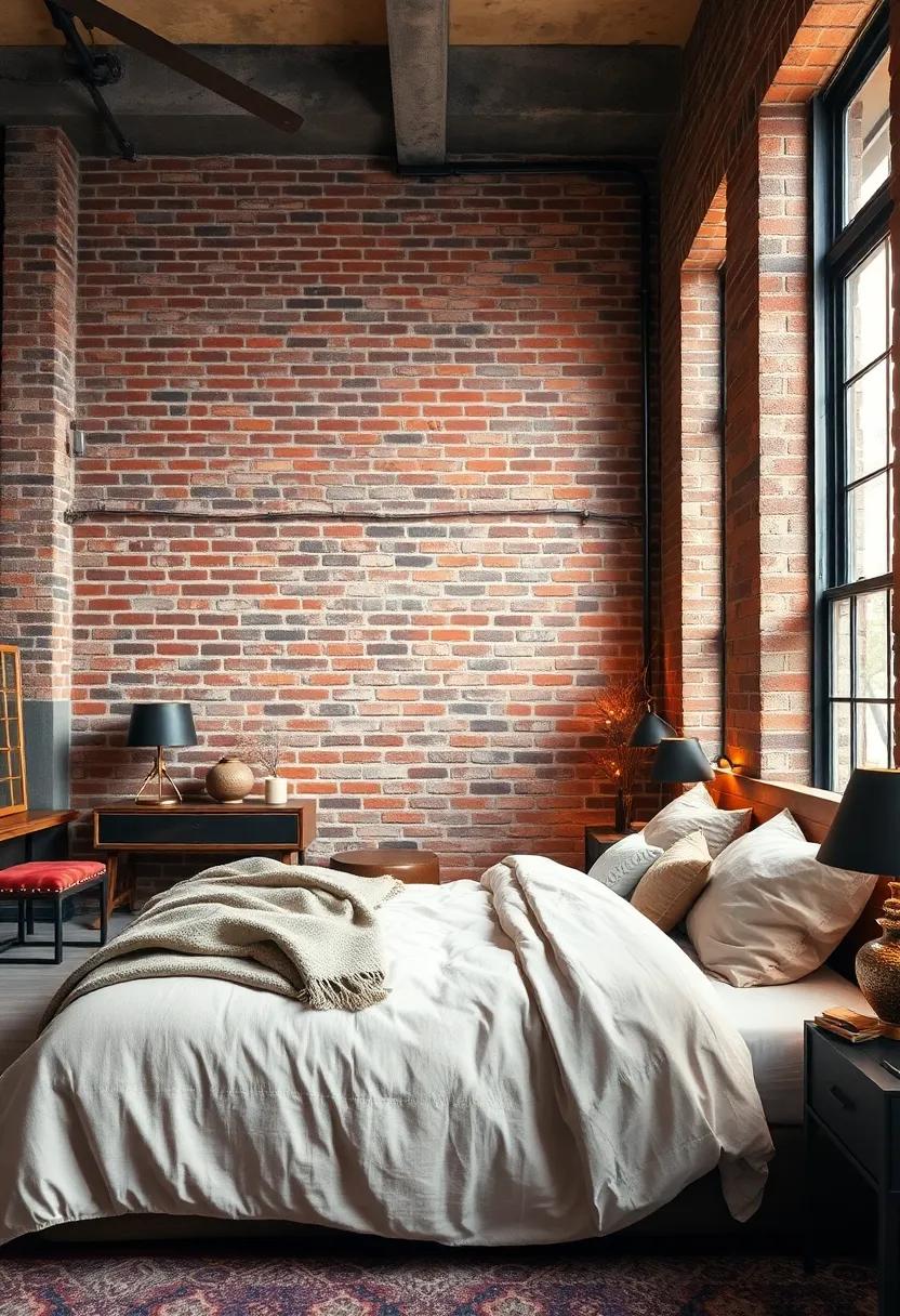 A Layered Look of Fabrics and Warm Light Complementing Exposed Brick in a Loft Bedroom