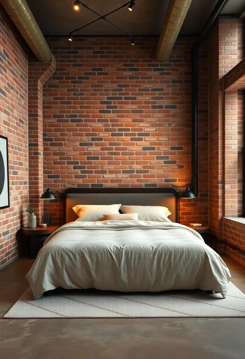 A Plush Bed Surrounded by Warm Brick Textures and Iron Pipe Accents in an Urban Loft