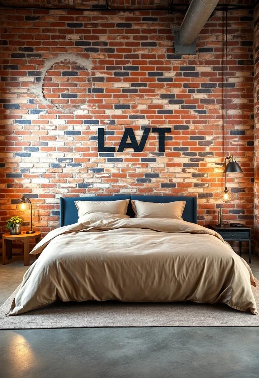 Earthy Toned Bedding Against a Backdrop of Weathered Exposed Brick and Metal Elements