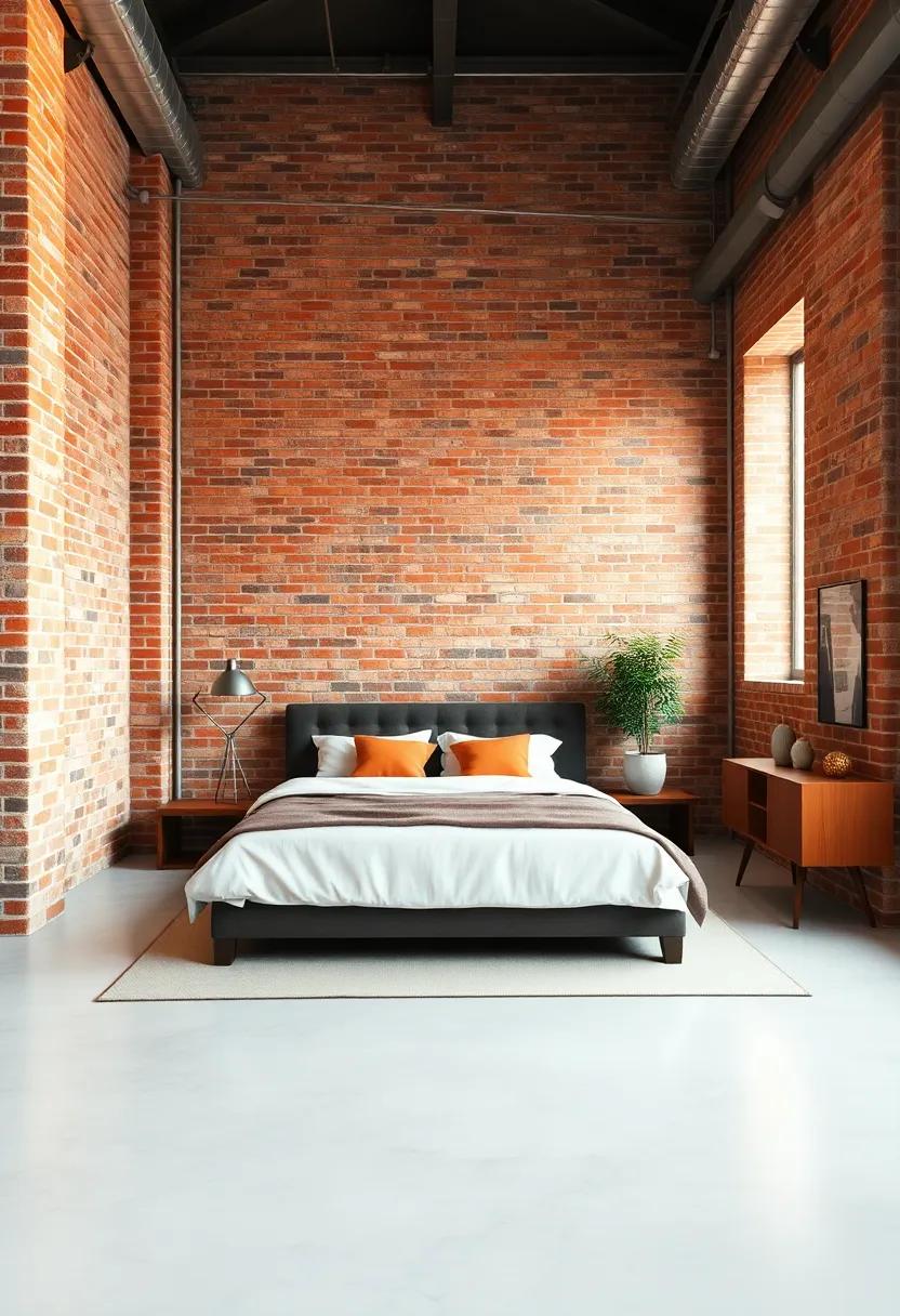 A Minimalist Loft Bedroom Bathed in Warm Light Reflecting From Textured Brick Walls