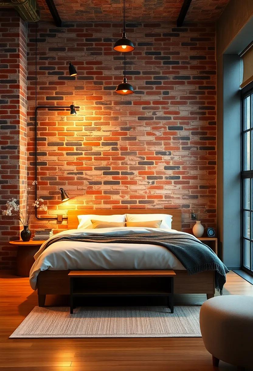Industrial Pendant Lights Casting Glow on a Brick Accent Wall Behind a Cozy Loft Bed