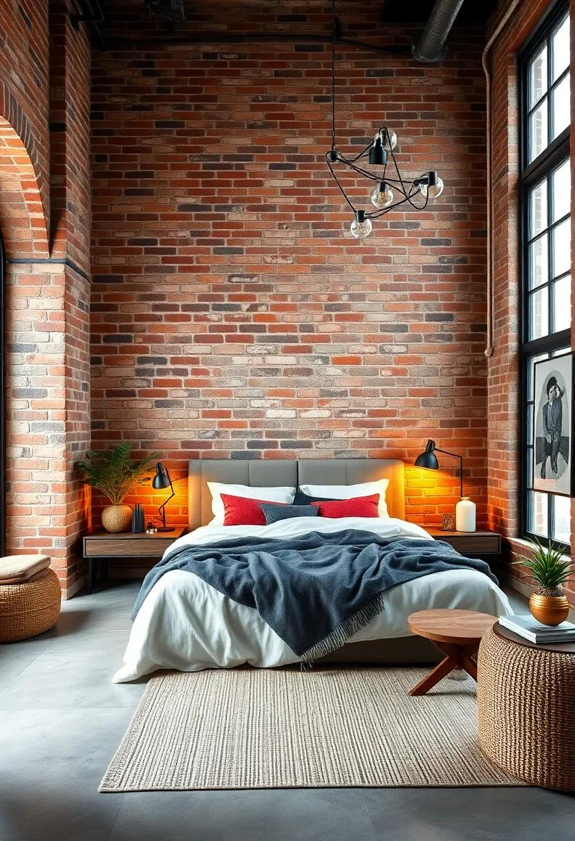 The Harmony of Raw Brick and Woven Textures Under Warm Ambient Lighting in a Loft Bedroom