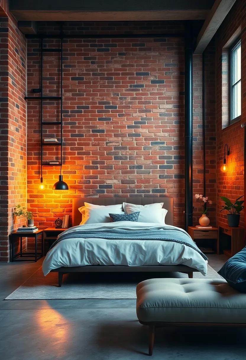 Warm Edison Bulbs Hanging Low Over a Brick Feature Wall in a Contemporary Loft Space