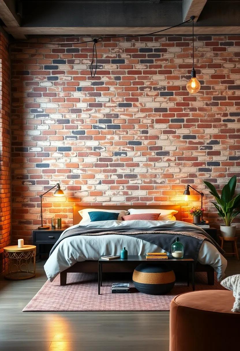 Worn Brick Wall Highlighted by Soft Industrial Lamps in an Intimate Loft Bedroom Setting