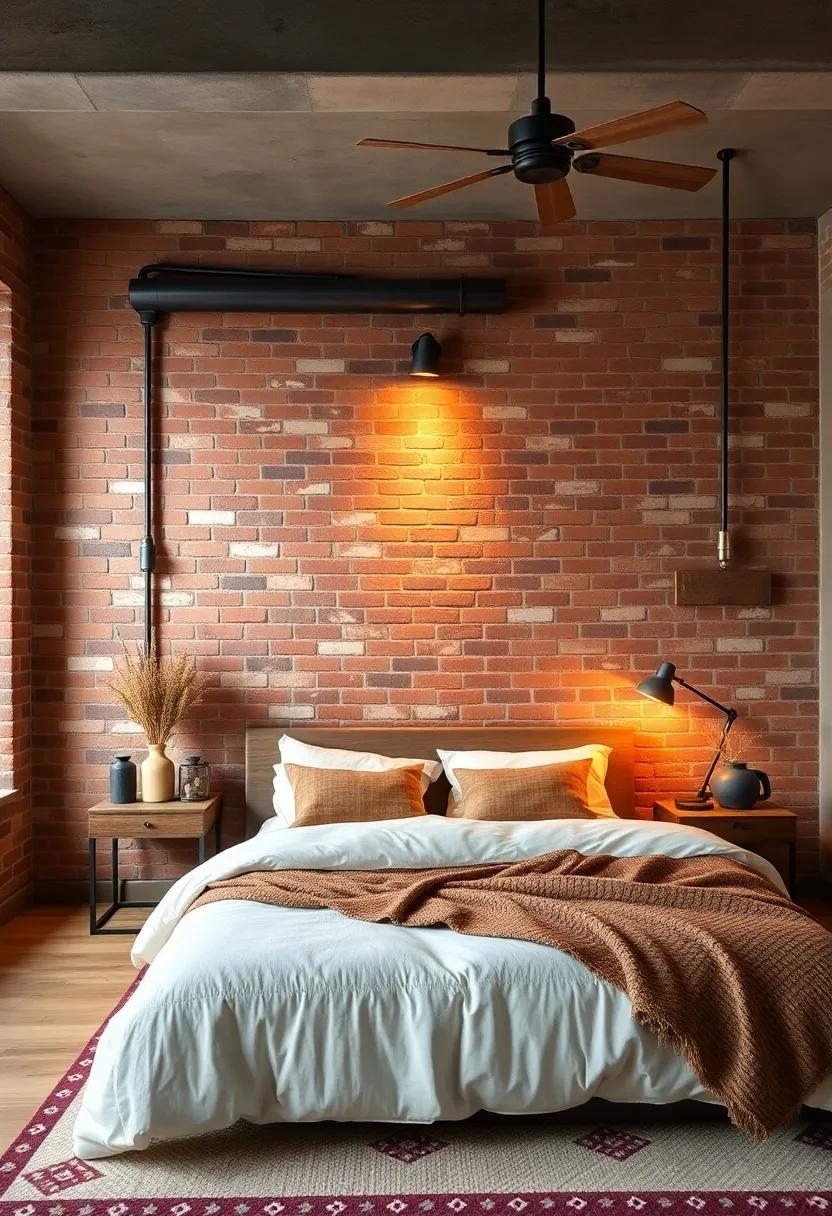 Soft Amber Lighting Highlighting Industrial Fixtures and Cozy Textiles in a Loft Space