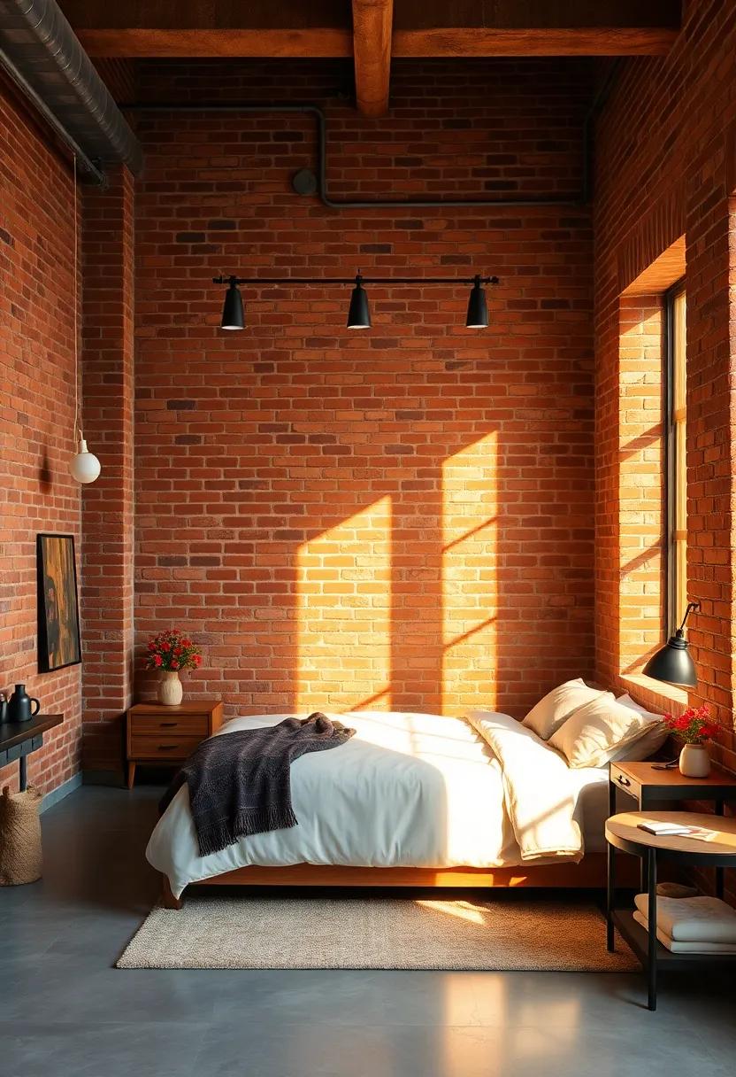 A Loft Bedroom Bathed in Golden Hour Light, Emphasizing the Beauty of Brick and Iron Details