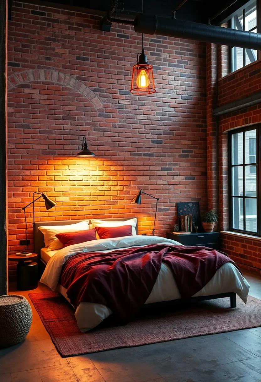 Cozy Reading Nook Nestled Against Warm Red Brick With a Vintage Industrial Lamp