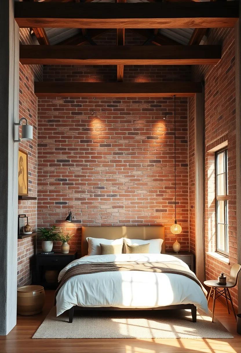Rustic Wooden Beams Framing a Loft Bedroom with Richly Textured Brick and Soft Illumination