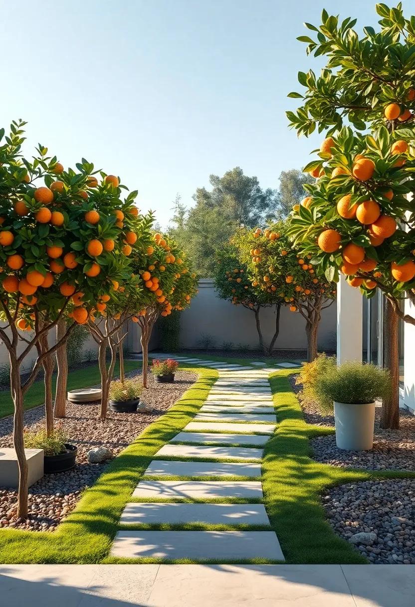 A Serene Pathway Winding Through Vibrant Dwarf Citrus Trees In Full Bloom Under Soft Morning Light