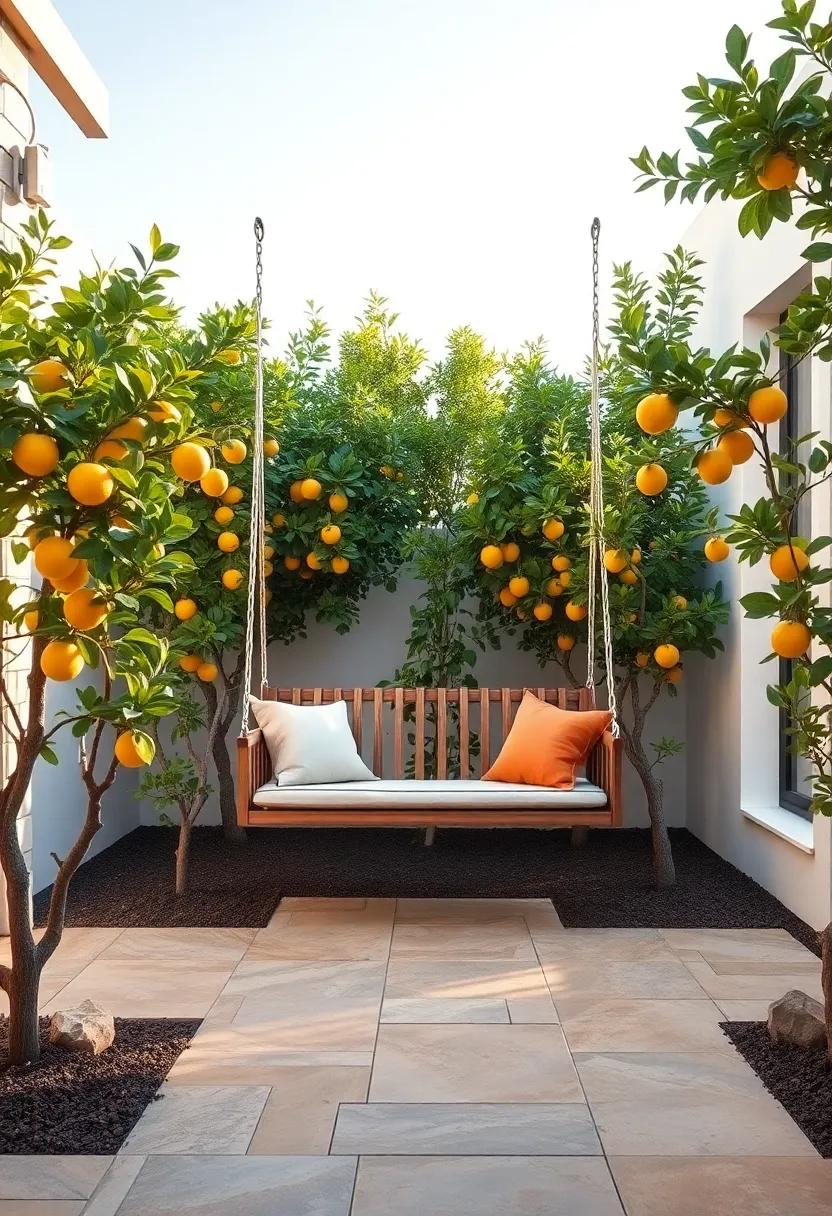 A Colorful Citrus Fruit Basket Resting On Handcrafted Wicker Furniture Under A Canopy Of Citrus Trees