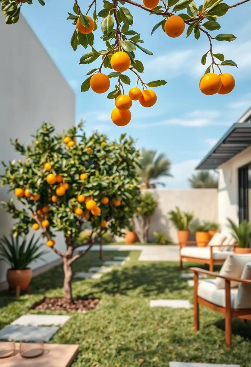 Close-Up Of Tiny Citrus Fruits Hanging From Graceful Branches Against A Soft Blue Sky Background