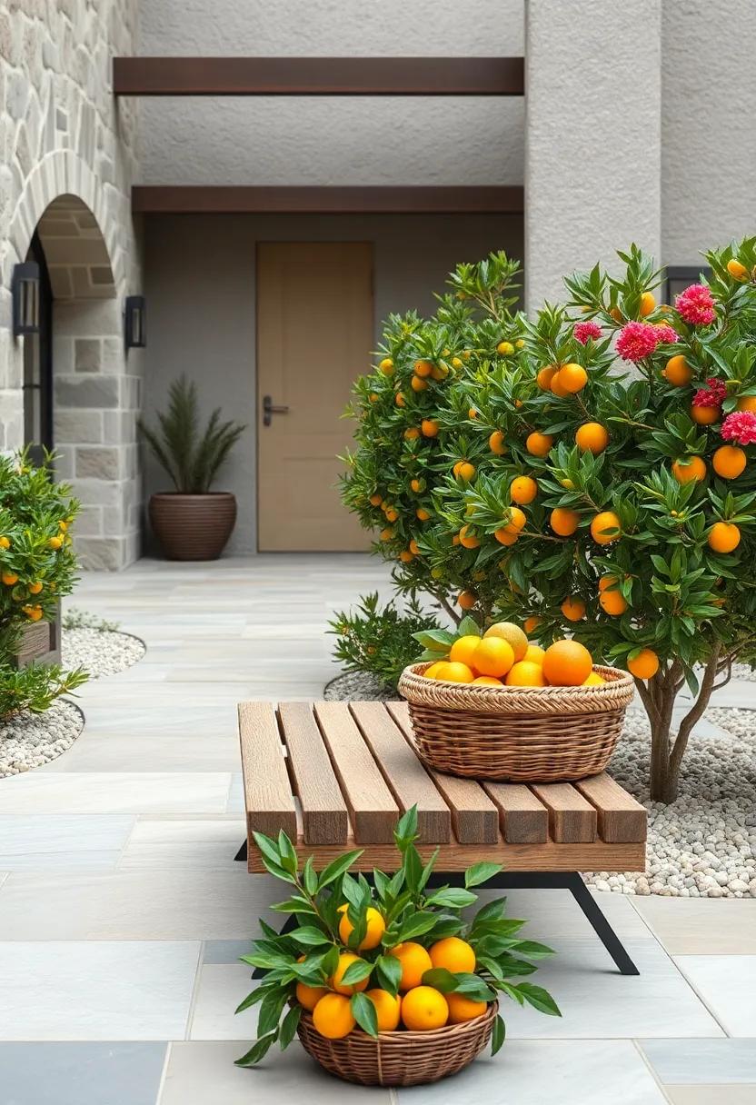 A Rustic Wooden Bench Surrounded By Colorful Dwarf Citrus Trees With A Woven Basket Of Fresh Fruit