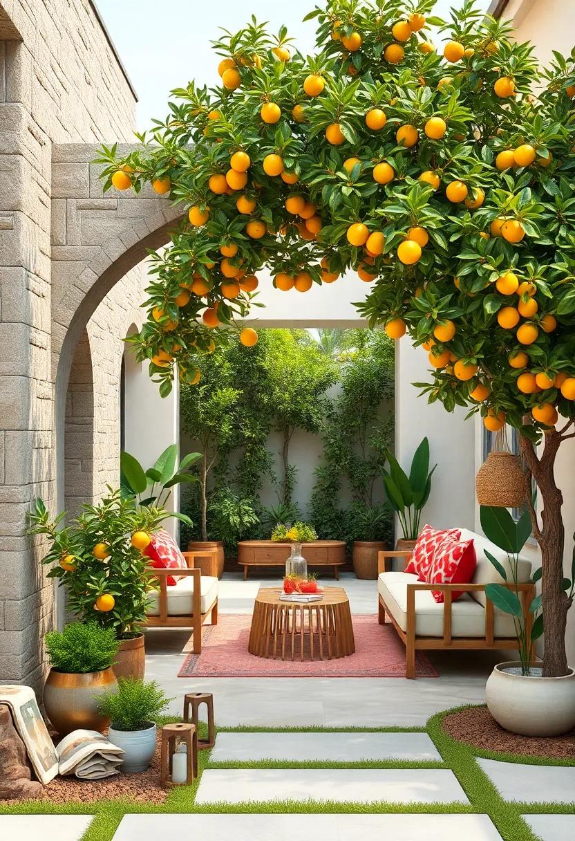 A Majestic Citrus Tree Arch Creating A Natural Gateway Into A Blooming Front Yard Hideaway