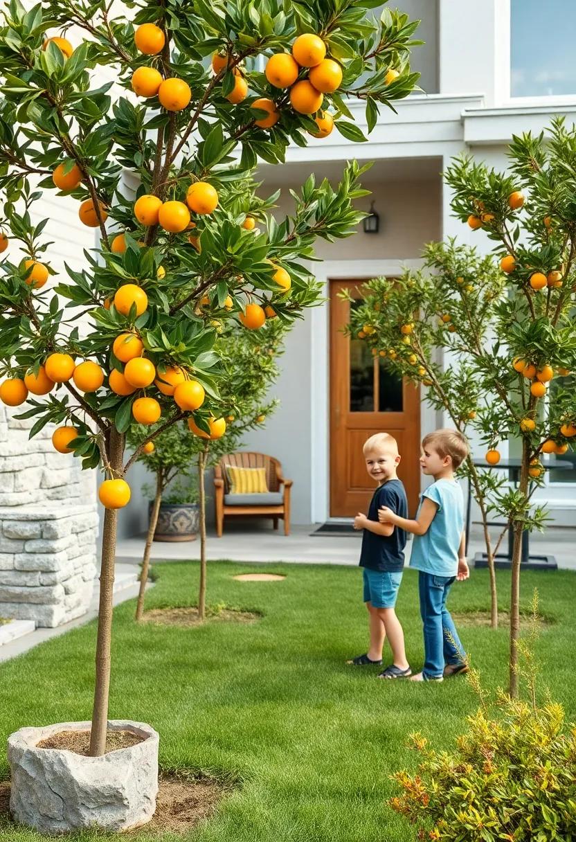 Children Picking Tiny Oranges And Lemons From Sturdy Dwarf Citrus Saplings In A Friendly Front Garden
