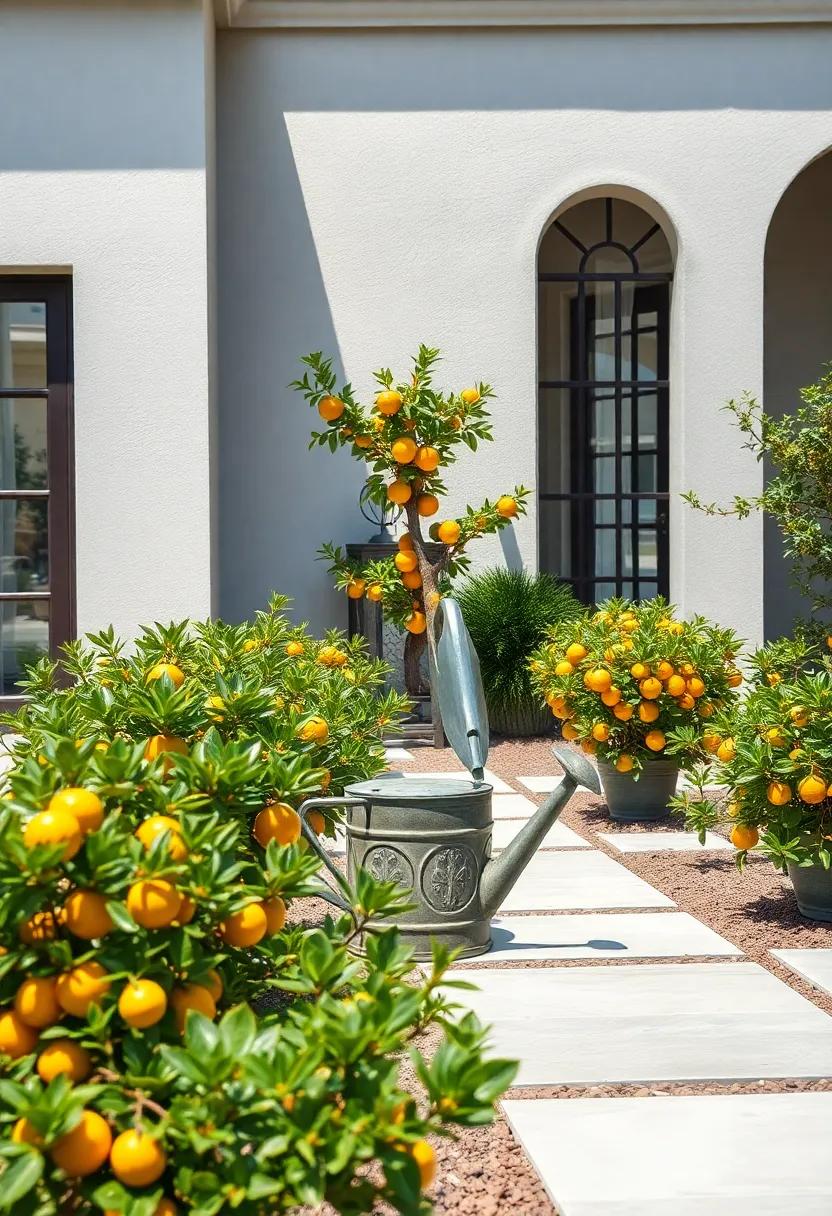 A Vintage Watering Can Amidst A Vibrant Array Of Miniature Citrus Groves In A Sun-Dappled Garden
