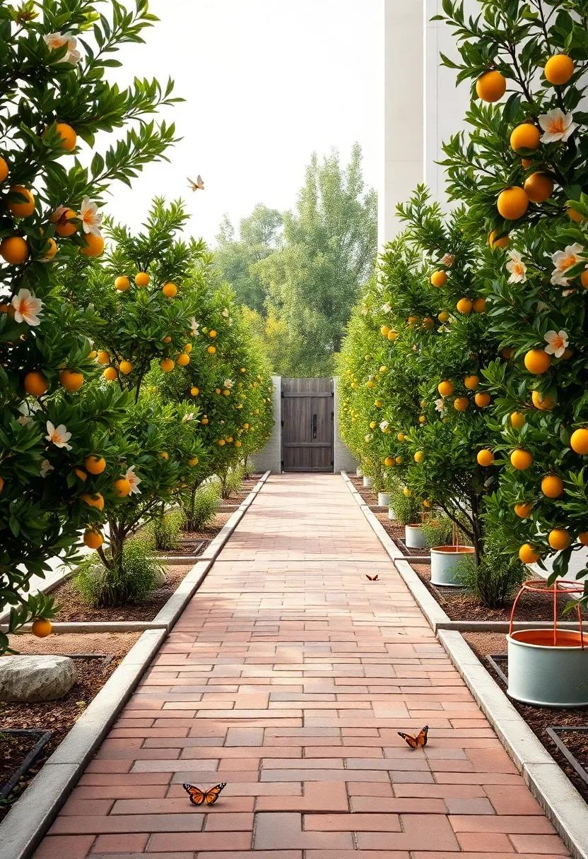 Lush Dwarf Citrus Tree Rows Lined Along A Brick Pathway With Butterflies Hovering Among Blossoms