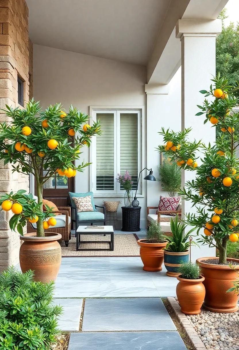 A Cozy Front Porch Overflowing With Potted Dwarf Citrus Trees In Terracotta Planters And Fresh Aromas