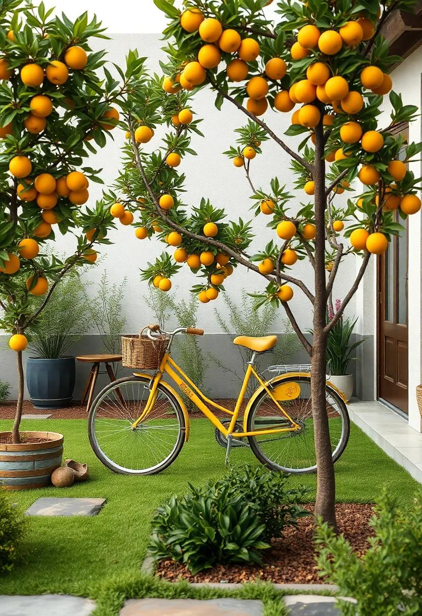 A Charming Vintage Bicycle Leaning Against A Citrus Tree Overflowing With Ripe Fruit In A Quiet Yard
