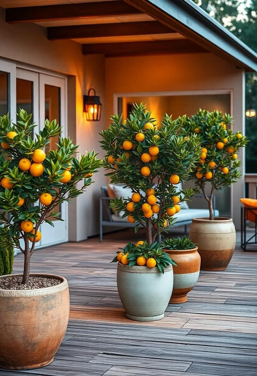 Elegant Ceramic Pots Hosting Vibrant Dwarf Citrus Trees On A Rustic Wooden Deck Under Soft Twilight