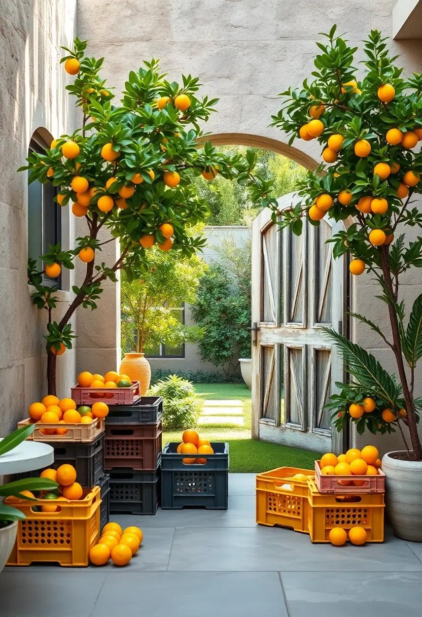 Delightful Citrus Fruit Crates Piled Near A Weathered Garden Gate Opening To A Citrus-Infused Oasis