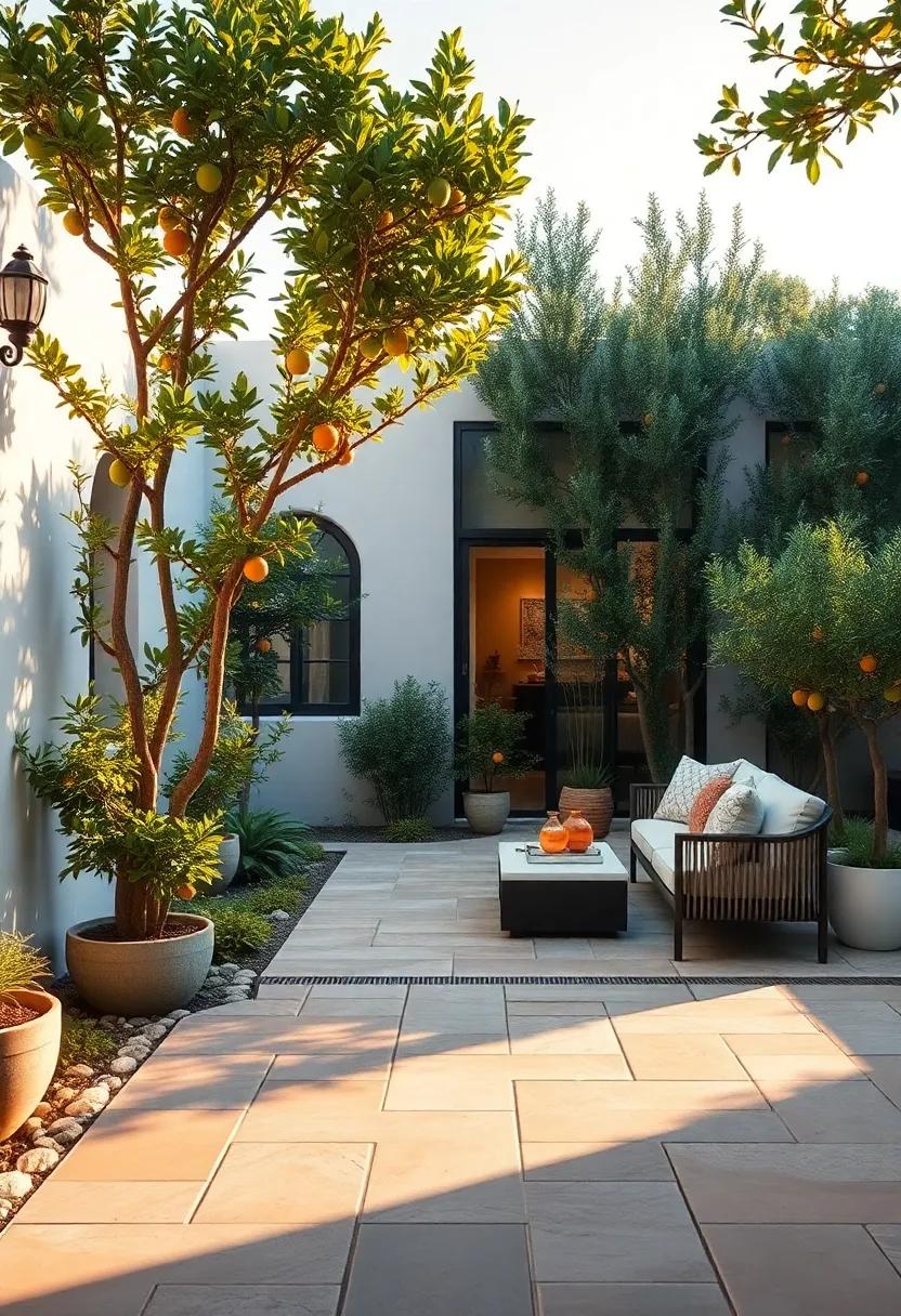 Golden Hour Light Casting Long Shadows Across A Mosaic Tile Patio Surrounded By Citrus Groves
