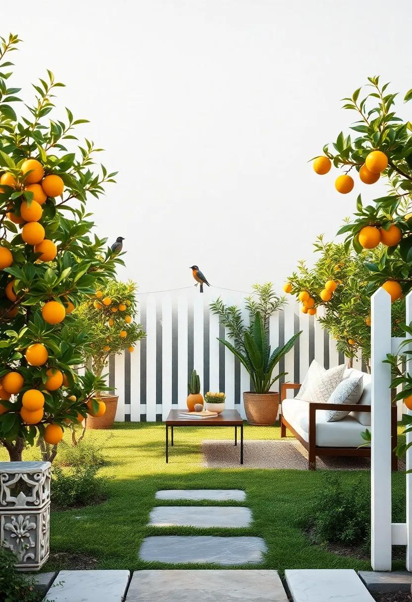 Birds Perching Peacefully Among Citrus Groves Framed By A Classic White Picket Fence At Daylight